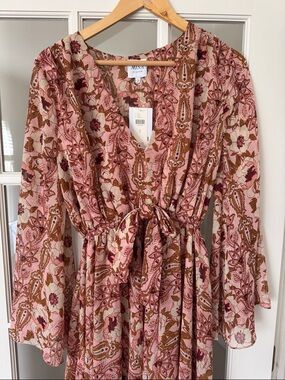 Misa Los Angeles Pink and Brown Floral Wrap Maxi Dress